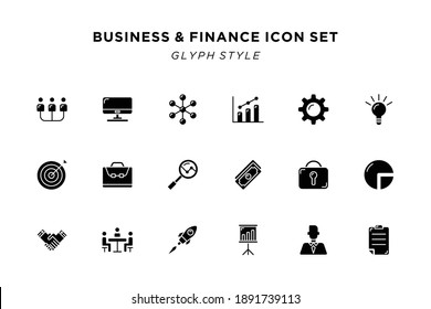 Conjunto de iconos de negocios y finanzas. Ilustración vectorial de la colección de iconos de glifo.