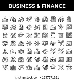 Business and finance icon set include teamwork, money, coin, payment, investment, tree, chart, meeting, office, search, analytic, note, document, bank, road, umbrella, diamond, people