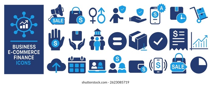 Business and Finance Icon Set. Includes Security, Payment, Marketing and Management designs. Suitable for digital, online platforms and e-commerce brands. Flat Vector Style.