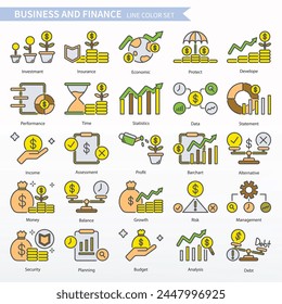 Business and finance icon set - Line color Icons, Editable stroke. Same as Invest, Insurance, Economic, Protect, Develop, Performance, Time, Statistic, Data, Statement, Income, Assessment, Profit etc.