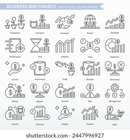 Business and finance icon set - Line Icons, Editable stroke. Same as Invest, Insurance, Economic, Protect, Develop, Performance, Time, Statistic, Data, Statement, Income, Assessment, Profit etc.