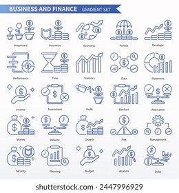 Business and finance icon set - Line Icons, Editable stroke. Same as Invest, Insurance, Economic, Protect, Develop, Performance, Time, Statistic, Data, Statement, Income, Assessment, Profit etc.