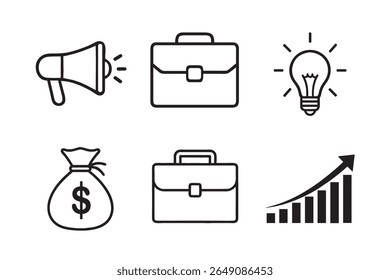 Business and Finance Icon Set – Megaphone, Briefcase, Idea Bulb, Money Bag, Duplicate Briefcase, Growth Chart