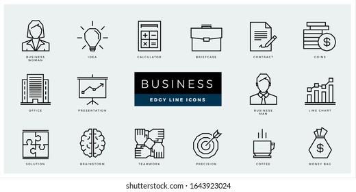 Business and finance icon set - minimal thin outline, web icon and symbol collection – woman, man, business, finance, money, office, team, presentation. Simple edgy vector illustration.