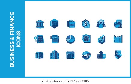 Business and finance icon set. Modern blue glyph style symbols for corporate use, financial services, and data analysis. Vector collection for web and presentation.