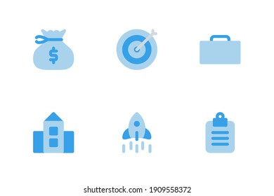Business and finance icon set with money sack, target, rocket, Briefcase, clipboard and office icon. flat style