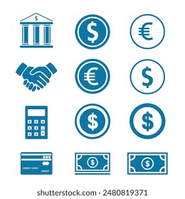 business and finance icon set with money, bank, piggy, credit, exchange, graph, deposit, calculator, web, law, dollar, euro,  card, currency, handshake and more isolated silhouette symbol