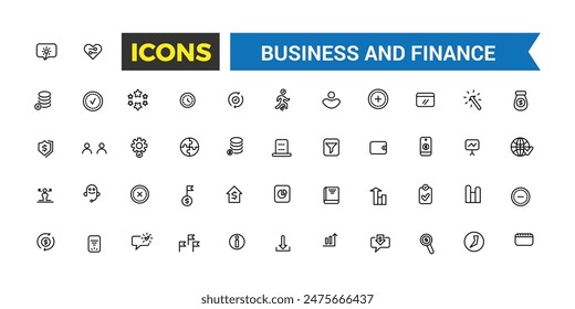 Conjunto de iconos de negocios y finanzas. Paquete de iconos de esquema. Icono de Vector editable e ilustración.