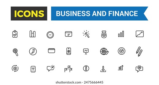 Business and finance icon set. Outline icons pack. Editable vector icon and illustration.