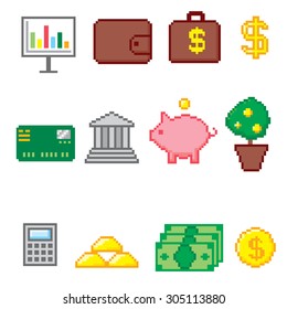 Business and finance icon set. Pixel art. Old school computer graphic style.