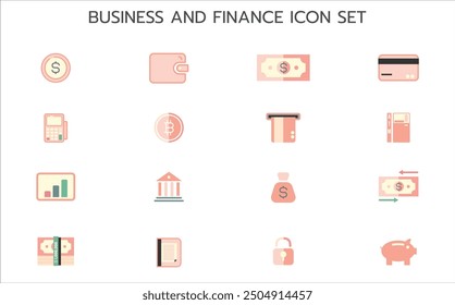 Business and Finance Icon Set with Various Symbols Including Wallet, Bank, and Bitcoin. Solid vector icons collection.