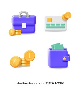 Iconos de finanzas empresariales. Maletín, billetera, monedas y tarjeta bancaria, juego de dinero 3d