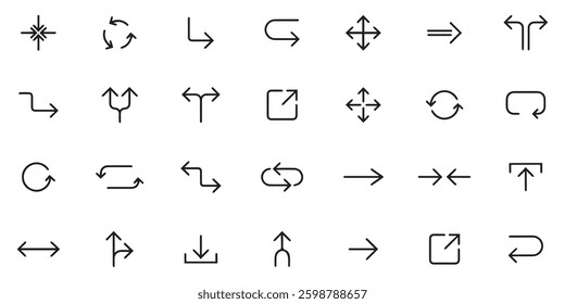 Business and Finance Icons Collection. Arrows black vector icons. Arrow. Set of Arrows different shapes, isolated on white background. Arrows in a row in modern simple flat design. Vector illustration
