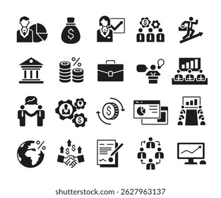 Ícones de negócios e finanças. Grande conjunto de negócios e finanças na moda ícones mínimos. Saco de dinheiro, alto-falante, ícone de aperto de mão. Sinais de design para página da Web, aplicativo móvel, design de embalagem. Ilustração vetorial.