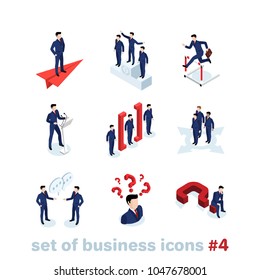 business and finance icons on white background, men in business suits in different situations, isometric image