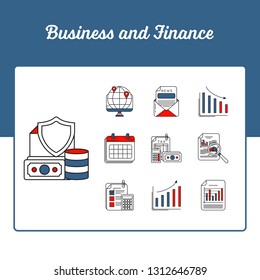 Business and Finance Icons Set - Achievement Statistics and presentation icon set with Outline Filled Style
