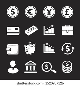 Business and finance icons set, bank, coins, exchange white silhouette collection.