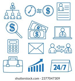 Iconos de negocios y finanzas, Doodle dibuja estilo dibujado a mano. Entrevista laboral, concepto de persona de equipo. Ilustración del vector