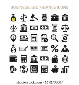 Business and finance icons set on white background.