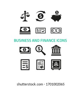 Business and finance icons set on white background.