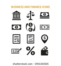 Business and finance icons set on white background.