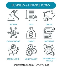 Business and finance icons set. Simple style of business and finance vector icons for web isolated on white background. auction, taxes, deposit, crowdfunding, finance, budgeting, money saving, money 
