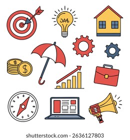 Business and finance icons set: target, idea, house, umbrella, gears, briefcase, growth chart, coins, compass, laptop, megaphone