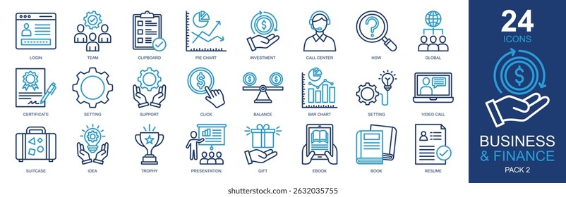 Business And Finance Icons set vector illustration. Containing investment, statistics, presentation, team, pie chart and more. Simple outline color icons collection.