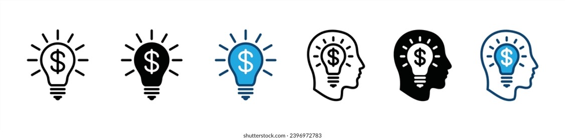 Business and finance idea icon set. Creative earning money solutions. Financial management innovation. Savings thinking icon symbol. Vector illustration