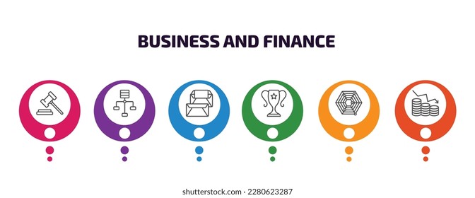 business and finance infographic template with icons and 6 step or option. business and finance icons such as trial hammer, variety, correspondence, achievement, radar chart, increase money vector.