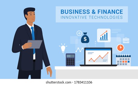 Business and finance innovative technologies: businessman holding a digital tablet and using new technologies for his business