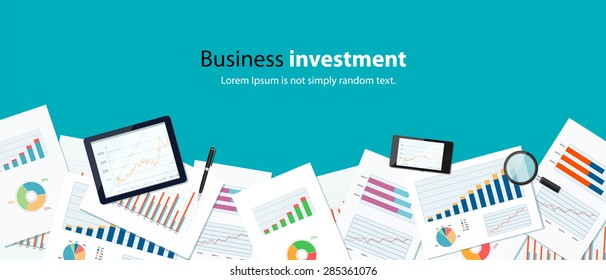 business finance and investment banner concept and mobile device for business.report paper.graph analyze