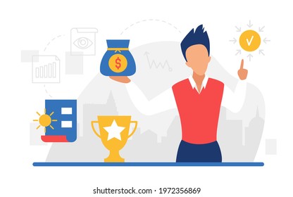 Business finance investment concept vector illustration. Cartoon investor businessman character holding money bag, successful financial idea to invest money, increase profit wealth isolated on white