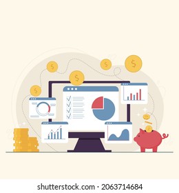 Business and finance, investment and saving money concept. Throwing gold coins with dollar symbol into a piggy bank. Screen with charts, graphs, tables and diagrams. Financial growth, depositing.