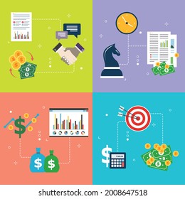 Business, finance, investment, strategy, growth and profits icons. Concepts of business finance, investment and strategy, financial chart, growth and profits. Flat design icons in vector illustration.