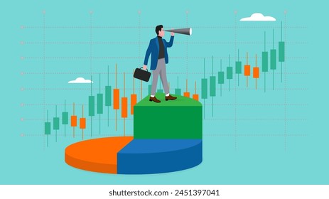 Business finance investment vision to determine the direction of the business towards success, Business Leader Standing On Graph while using binoculars to see and determine business direction