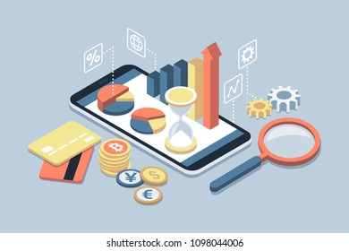 Business, finance and investments app on a smartphone with credit cards and currencies