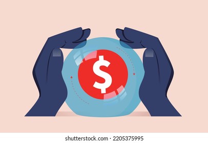 Business Finance And Business Investor Forecasting Business Dynamics, Two Hands Protecting Crystal Ball And Dollar Sign