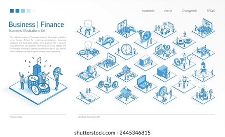 Negocios, finanzas Ilustraciones isométricas. Personas ocupadas trabajan en equipo en escenas de gestión de bancos en 3D. Hombres, mujeres, trabajo en equipo. Vector Diseño de presentación infográfica. Cuenta de mercado, concepto de icono de presupuesto