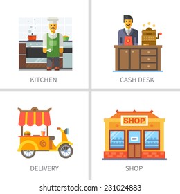 Business and finance. Kitchen, cash desk, delivery food, shop. Vector flat illustrations.