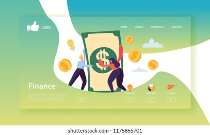 Business And Finance Landing Page Template.  Website Layout With Flat People Characters Making Money. Easy To Edit And Customize Mobile Web Site. Vector Illustration