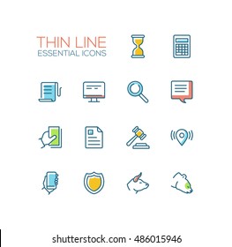 Business, finance, law symbols - set of modern vector thin line design icons and pictograms. Hourglass, calculator, document, search, desktop, message, gavel, location smartphone bull bear shield