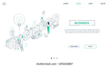 Business And Finance - Line Design Style Isometric Web Banner On White Background With Copy Space For Text. A Header With A Team Working With Laptops, Drinking Coffee, Calendar, Coins, Lightbulb, Book