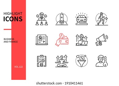 Business and finance - line design style icons set. Management, personal development and marketing idea. Delegating tasks, benefit, career growth, quality control, self-actualization, content curation