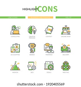 Business And Finance - Line Design Style Icons Set. Teamwork And Goal Achievement Idea. Consulting, Creative Process, Contact, Online Shop, Accounting, Awards, Trainings, Delivery, Mission, Meeting