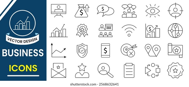 Business and finance line icon, vector set. Business icon set. Money, Stock Market, Savings, Investment, Human resources, recruitment, training, skills, talent icon. Vector illustration.