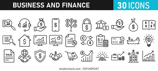 Business and Finance line icons collection. Icon set in a flat design. Money, bank, contact, infographic. Icon collection. Vector illustration.