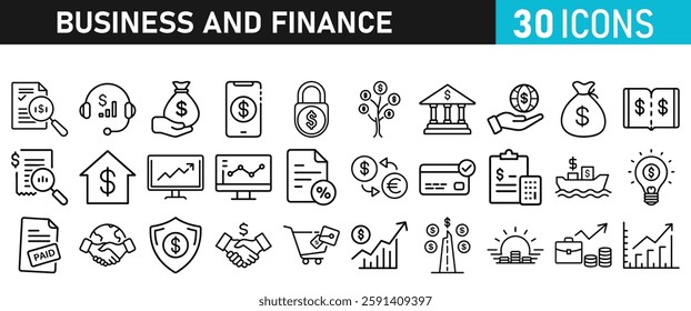 Business and Finance line icons collection. Icon set in a flat design. Money, bank, contact, infographic. Icon collection. Vector illustration.