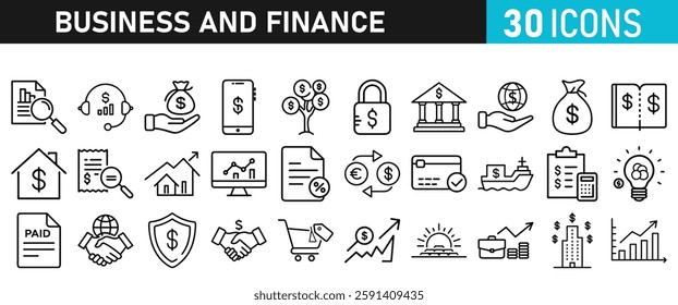 Business and Finance line icons collection. Icon set in a flat design. Money, bank, contact, infographic. Icon collection. Vector illustration.