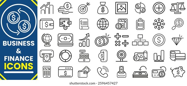  Business and Finance line  icons collection. Money, bank, contact, infographic, cash, saving, profit, budget, mutual fund, earning money and revenue icons.Finance icon set. Vector illustration.